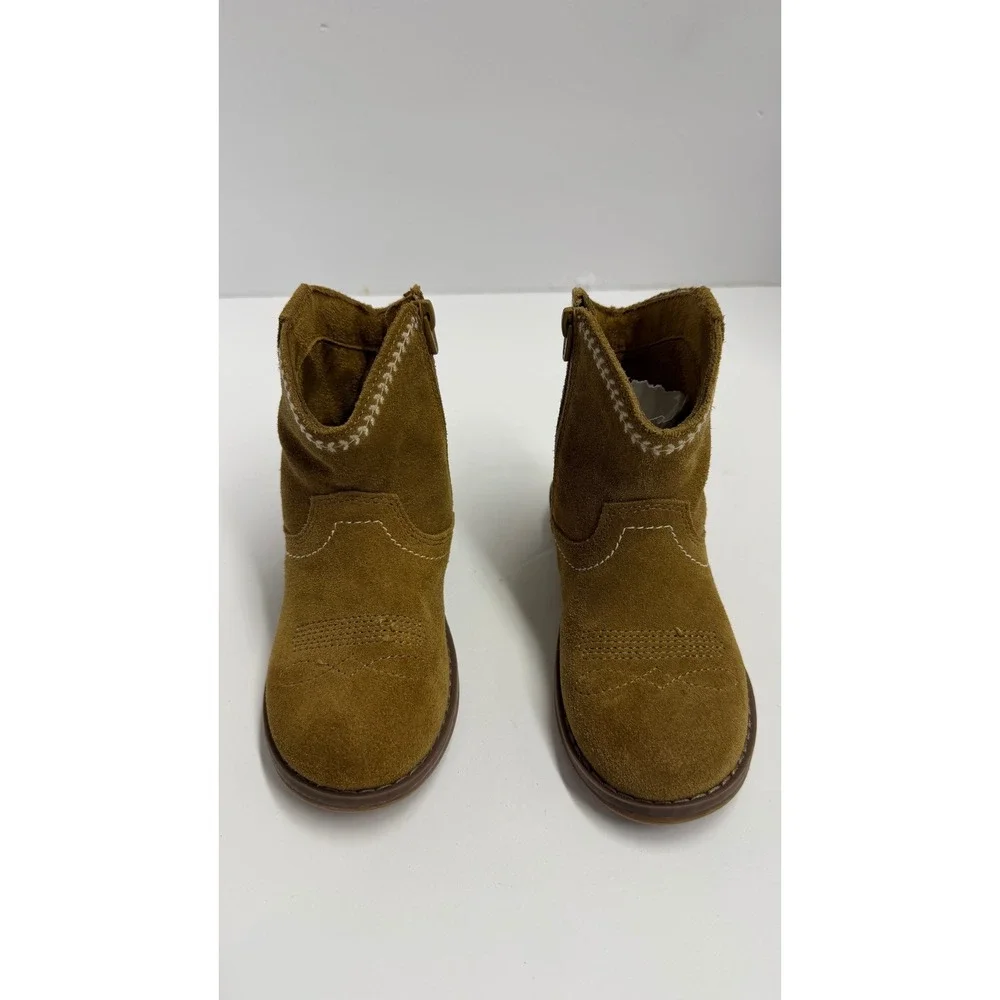Zara Kids Tan Suede Cowboy Boots Western Contrast Stitch Side Zip Brown Size 26
